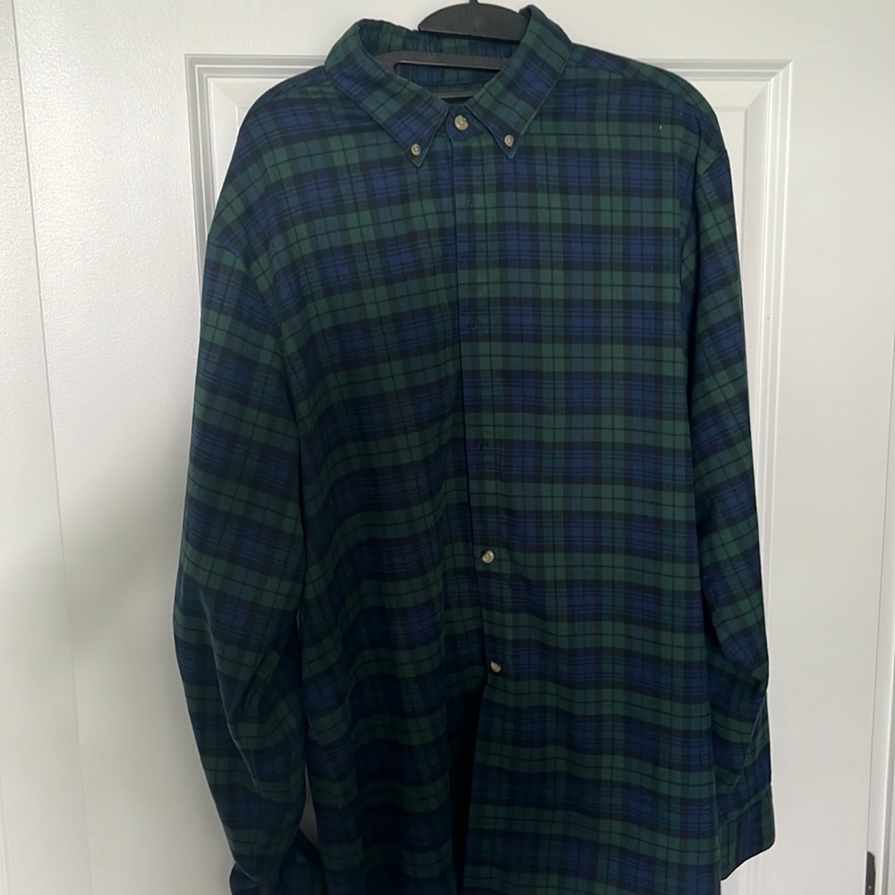 Mizzen and main blue and green plaid flannel shirt